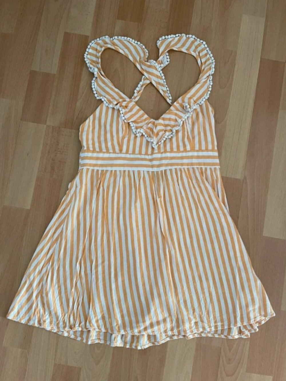Yellow White Striped Lace Trim Mini Dress Size L